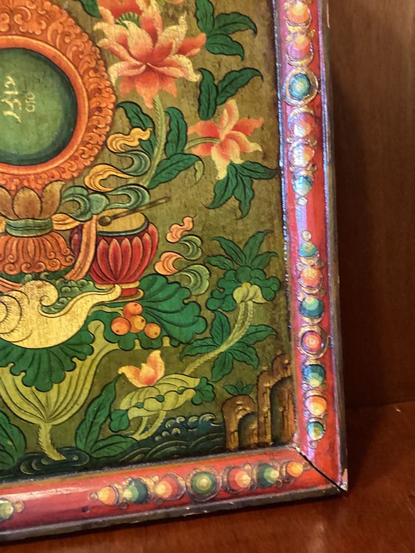 中国・雲南 シャングリラ　チベット文化圏 木製手描き花文様パネル　一点物