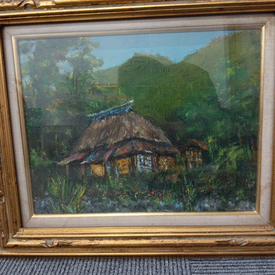 茅葺屋根の家屋 油絵 アンティーク ヴィンテージ