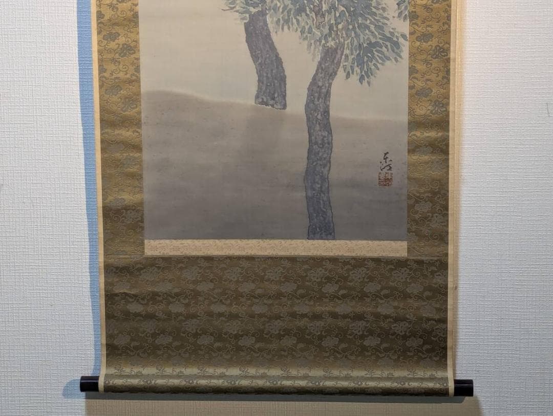 【真作】掛軸　松林風景　近代日本画　木立図　静謐な青緑彩　筆致鮮やか　T86