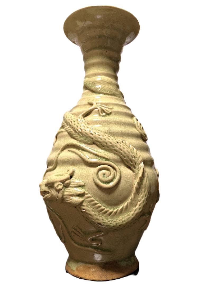 【 龍鳳凰文青磁釉高肉瓶 】　　唐～宋代　中華古玩