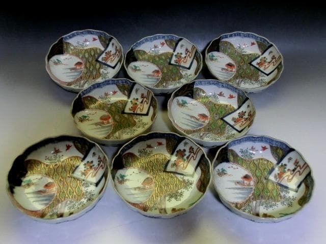 皿■冨貴長春 なます皿 蛇の目高台 窓絵花鳥紋 8客 伊万里古い膾鉢 時代物■