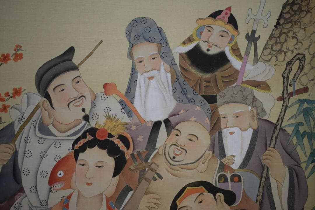 複製/作者不詳/秀峰/七福神図/松竹梅/亀/工芸/大幅/布袋屋掛軸HJ-985