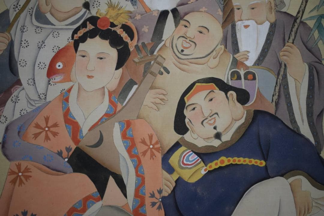 複製/作者不詳/秀峰/七福神図/松竹梅/亀/工芸/大幅/布袋屋掛軸HJ-985