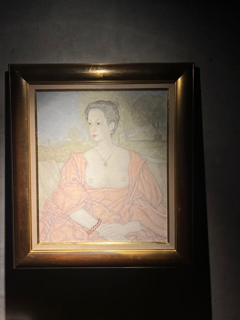 服部和三郎【アルノ河の河原と女】肉筆画