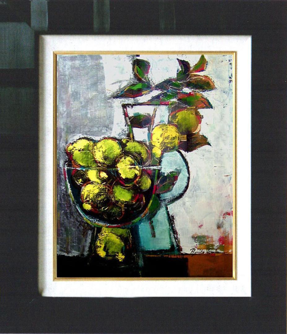 油絵 菅家令子絵 絵画インテリア額付(青緑＋金色の枠)uF6-063304レモン