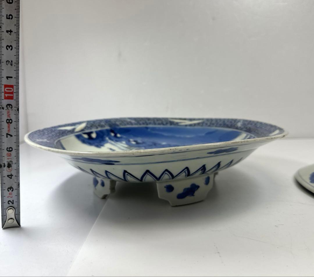 古伊万里　染付台皿2枚　木箱付　直径約25㎝東Y7-0424☆2Fトヒトカ