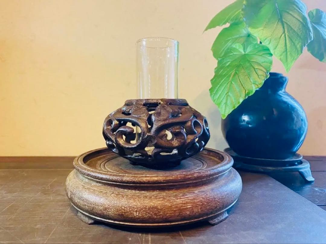 ヴィンテージ　美品アイアン製　ミニ鉢台　２個セット　 水耕育苗用ビーカー付　レア