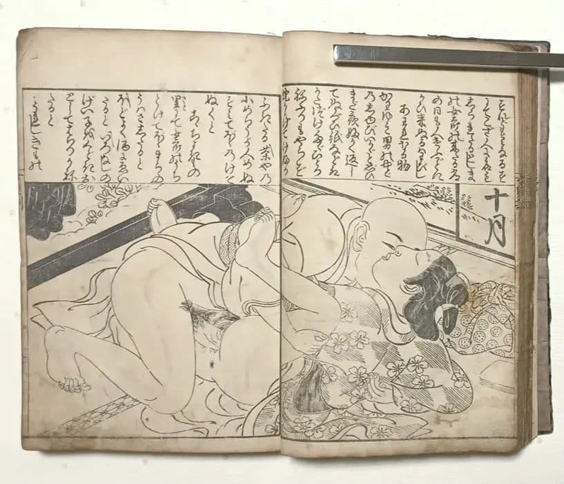 貴重春画大型本黒摺版画、女貞訓下所文庫月岡雪鼎画、明和5年頃出版、直し補修あり