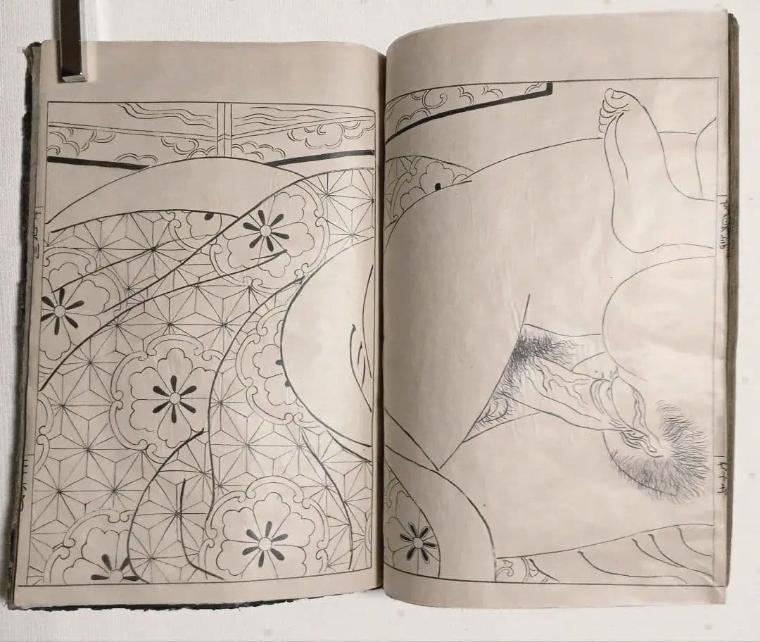 貴重春画大型本黒摺版画、女貞訓下所文庫月岡雪鼎画、明和5年頃出版、直し補修あり