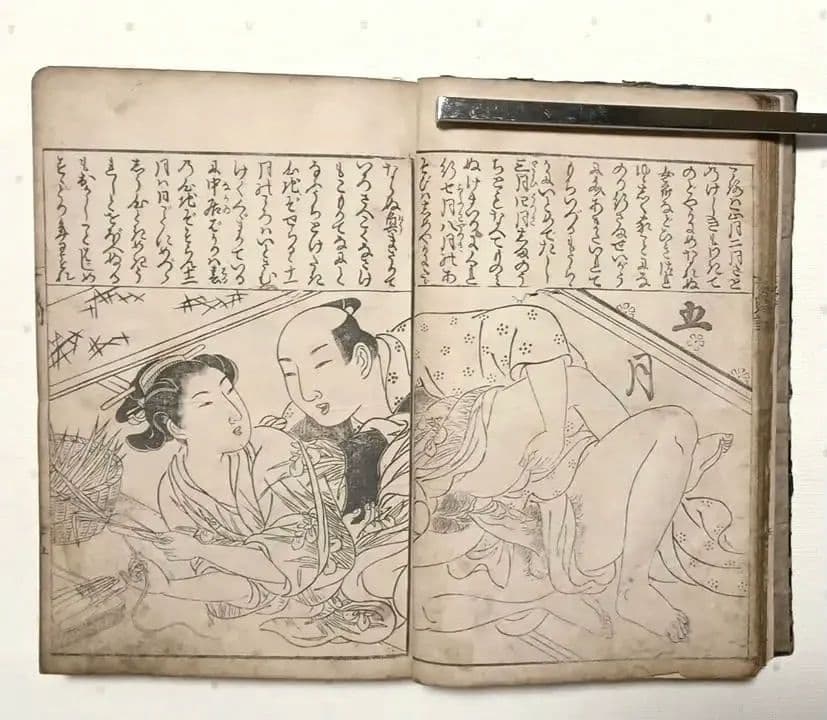 貴重春画大型本黒摺版画、女貞訓下所文庫月岡雪鼎画、明和5年頃出版、直し補修あり