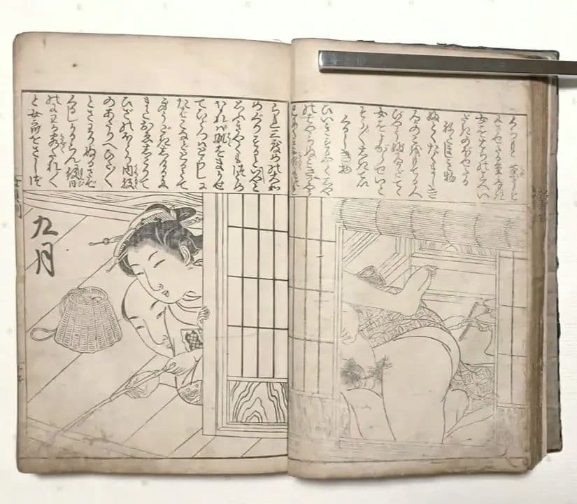 貴重春画大型本黒摺版画、女貞訓下所文庫月岡雪鼎画、明和5年頃出版、直し補修あり