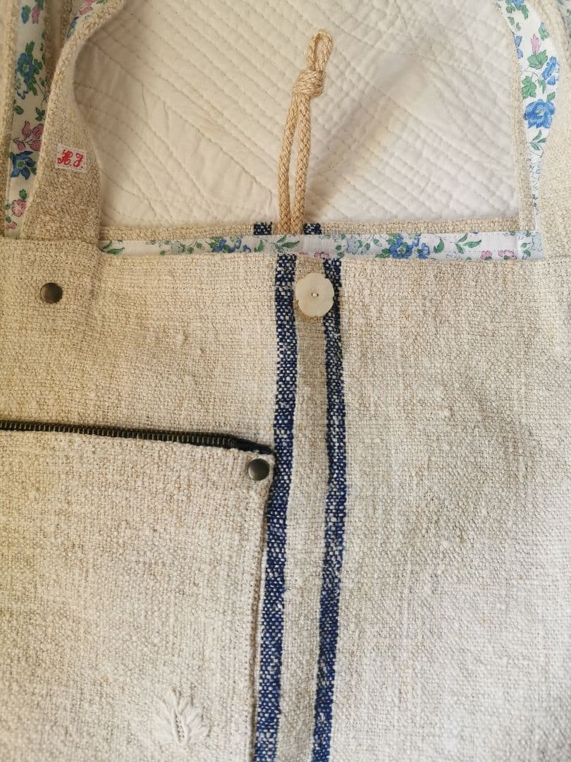 アンティーク アンティークホームスパンリネン＆フレンチファブリックトートバッグ