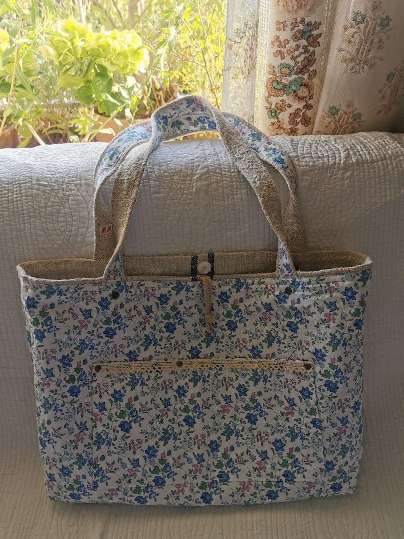 アンティーク アンティークホームスパンリネン＆フレンチファブリックトートバッグ