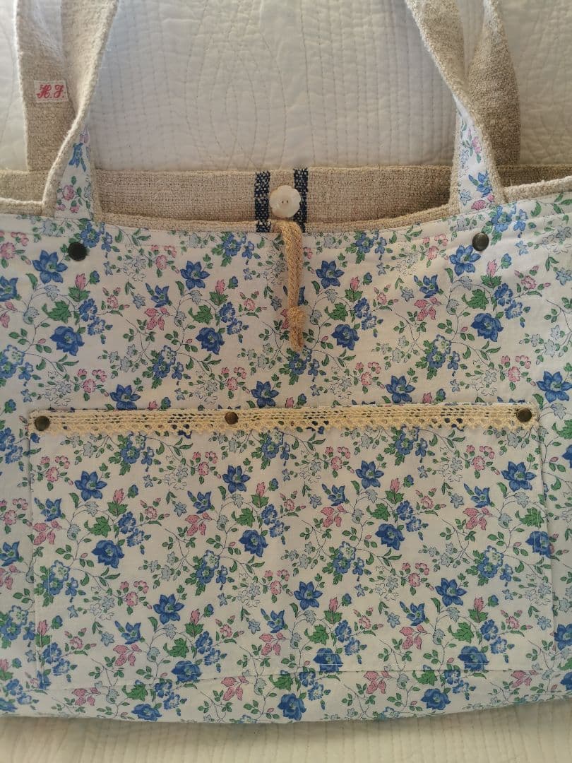 アンティーク アンティークホームスパンリネン＆フレンチファブリックトートバッグ