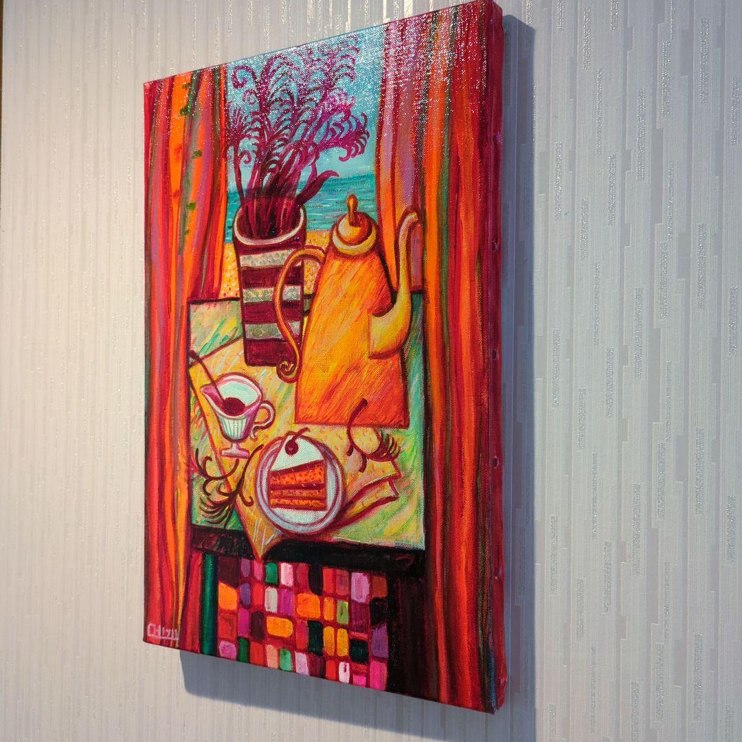 キャンバス油絵　専用　海と砂浜と空が見える窓際のテーブル 　モダンおしゃれアート