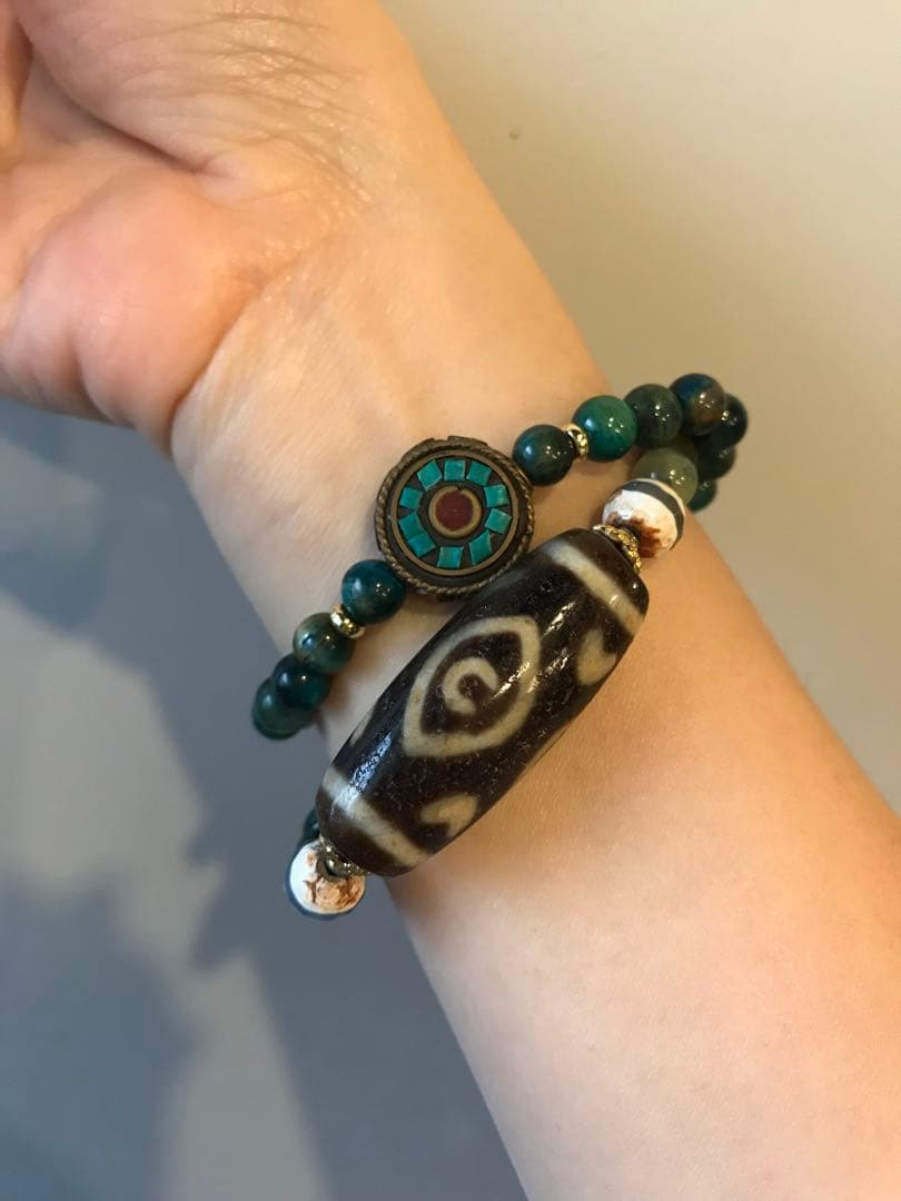 ☘️超レア 龍眼天珠（ドラゴンアイ）ジービーズ Dzi 青虎目石 ブレスレット