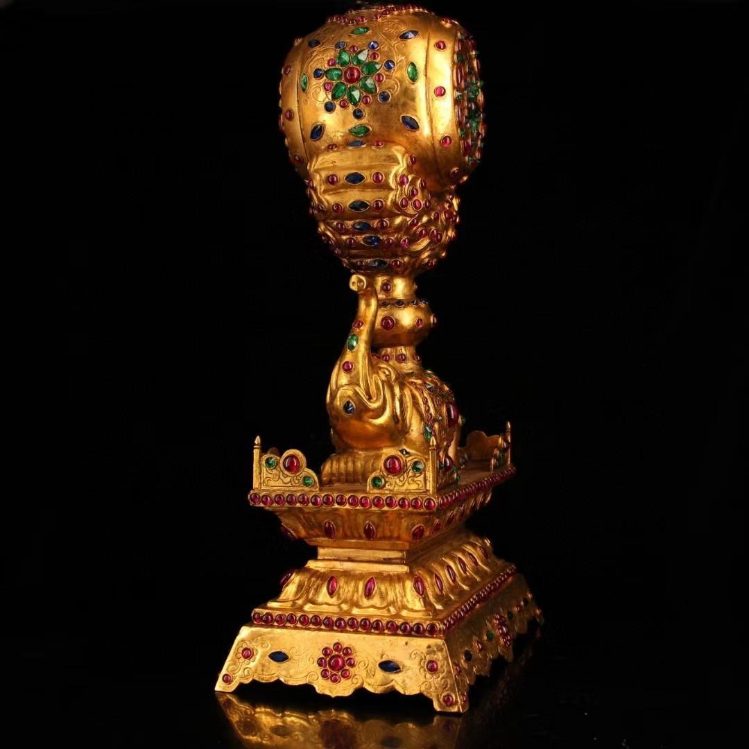 中国古美術・珍品旧蔵・宝石嵌入鎏金象鼓置物・鏨刻鎏金・純銅製・高浮彫・文房置物