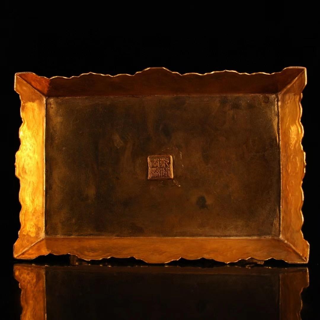 中国古美術・珍品旧蔵・宝石嵌入鎏金象鼓置物・鏨刻鎏金・純銅製・高浮彫・文房置物