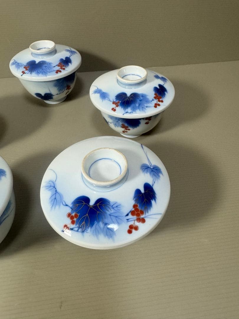 2210 有田焼 芳祥堂特製　葡萄瑠璃　湯呑蓋付　5客