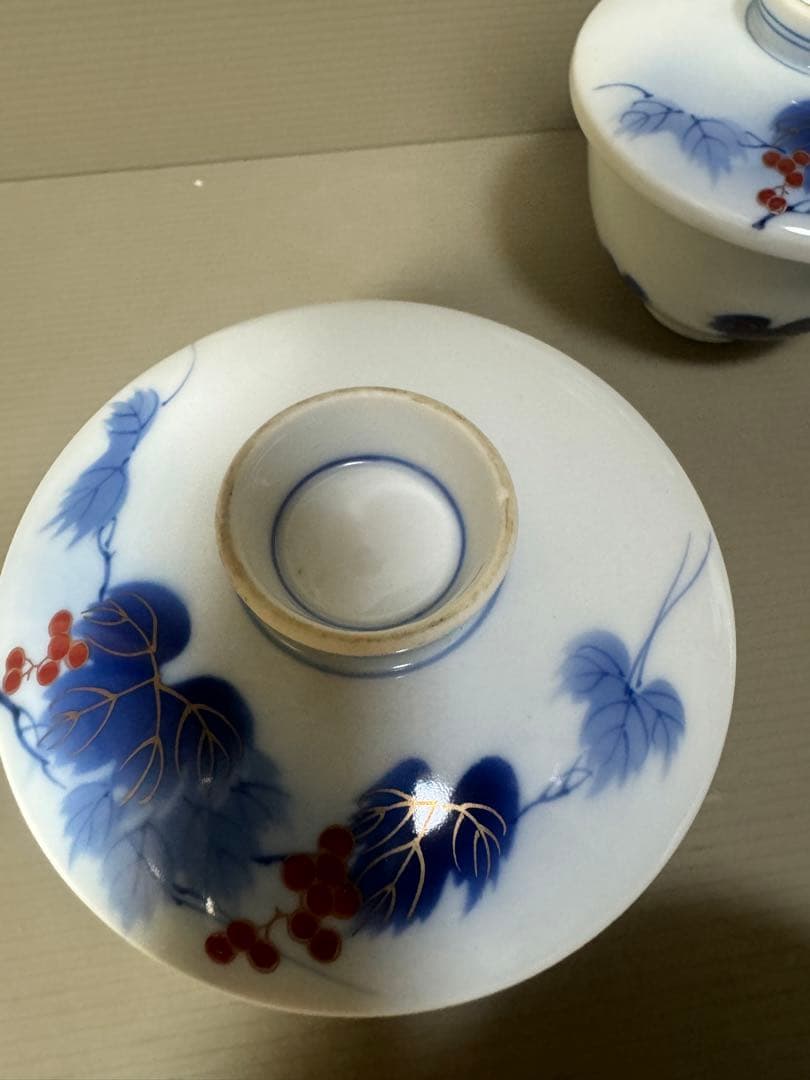 2210 有田焼 芳祥堂特製　葡萄瑠璃　湯呑蓋付　5客