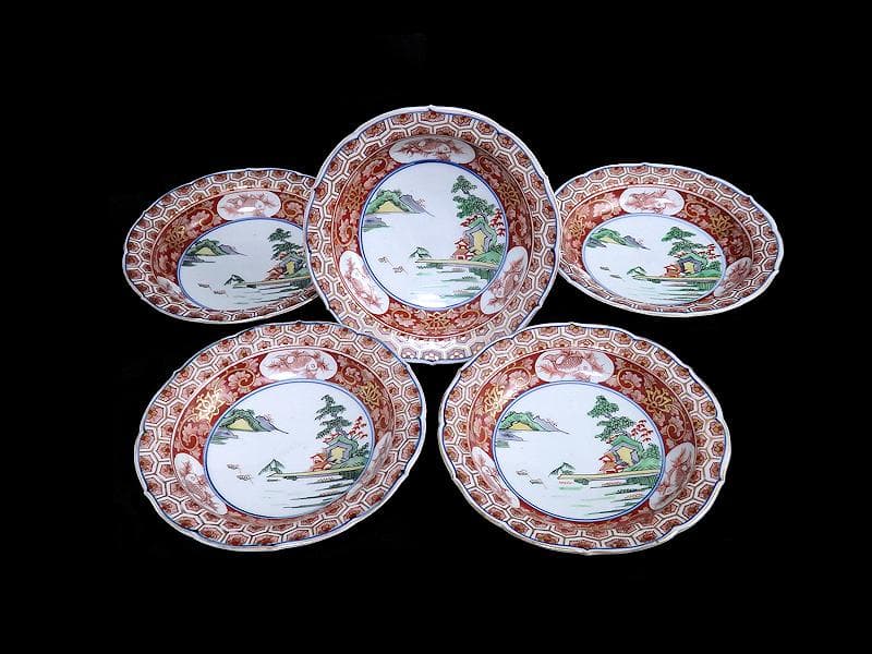 大聖寺伊万里　亀甲紋に金唐草　山水紋の図　５寸皿　５枚　E077AS-CRi