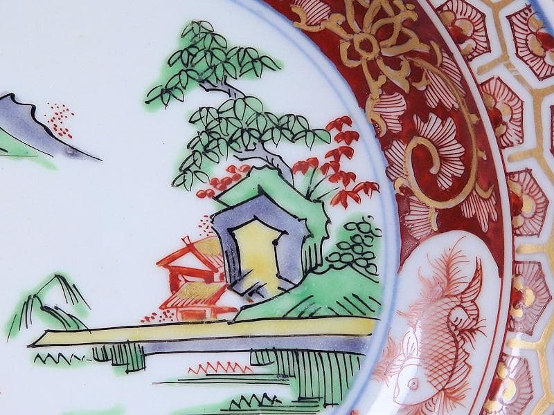 大聖寺伊万里　亀甲紋に金唐草　山水紋の図　５寸皿　５枚　E077AS-CRi