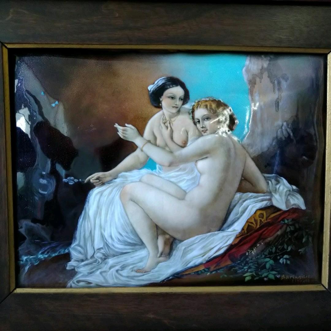 ✤リモージュ額入りエマイユ銅版画✤「ふたりの裸婦」✤