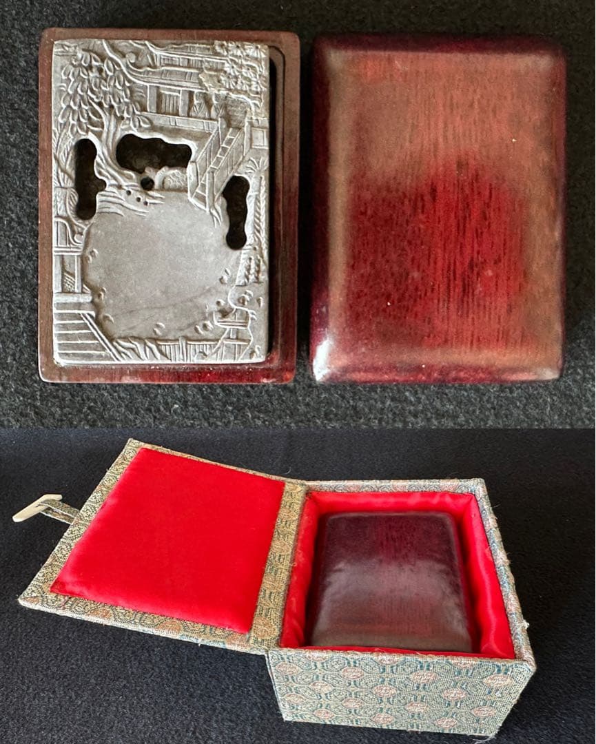 端渓蘭亭硯 細密彫刻 石硯 唐木箱付 文房四宝　中国美術　書道具 硯　未使用