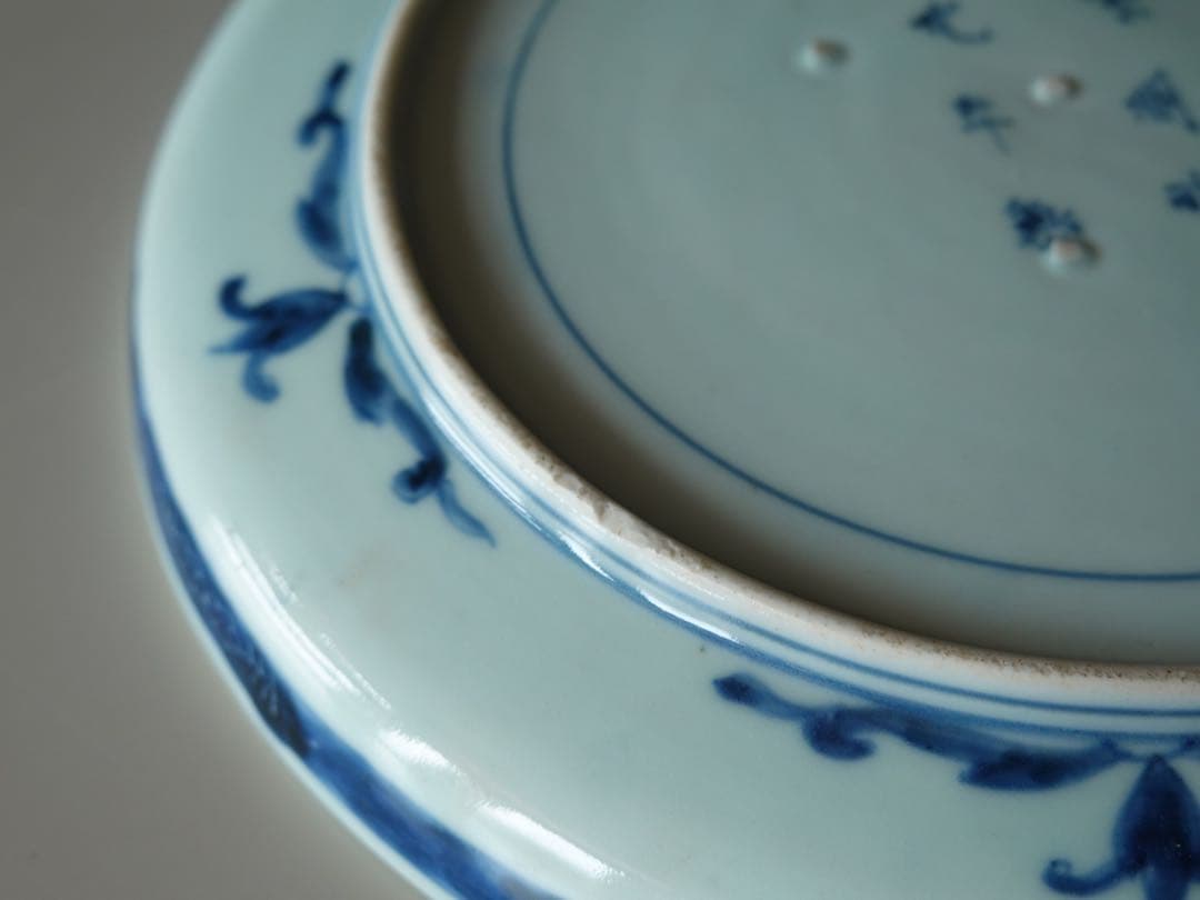 江戸時代　中期　古伊万里　染付　墨弾き　草花文　皿　6客　リム皿　七寸皿　中皿