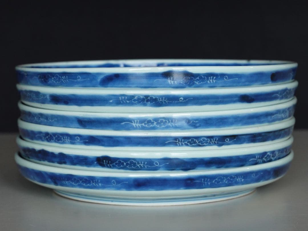 江戸時代　中期　古伊万里　染付　墨弾き　草花文　皿　6客　リム皿　七寸皿　中皿