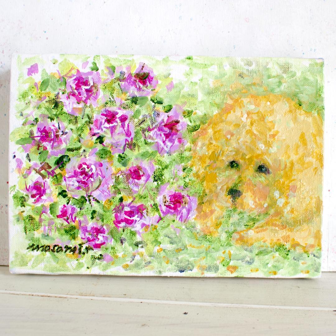 「ペチュニアとトイプードル」 アクリル画 SM キャンバス 原画 額なし