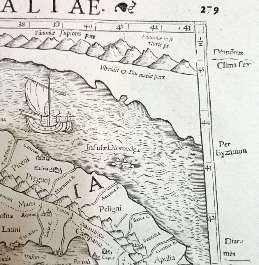 お値下げ　額装品　古地図　1571年　木版画　S.ミュンスター「イタリア全図」