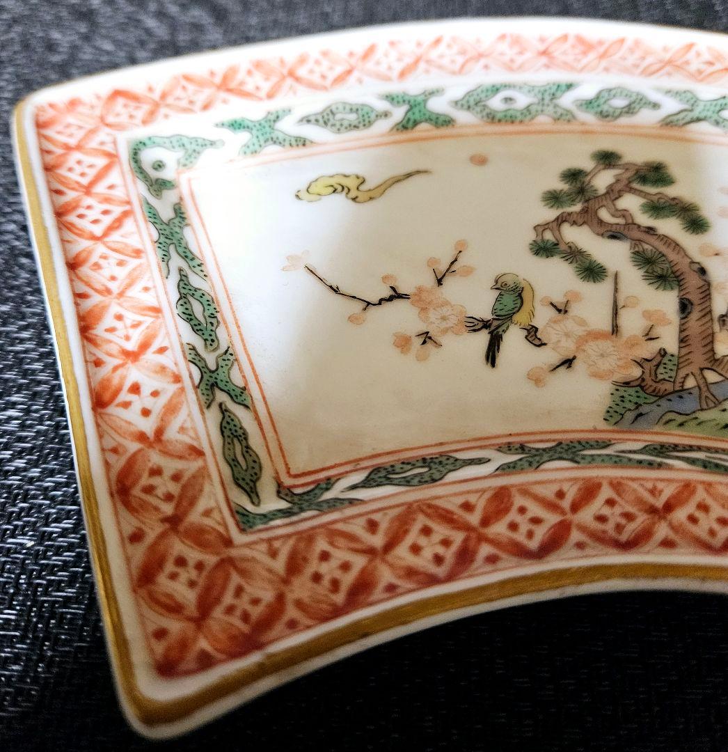 江戸時代末期～明治時代　江戸前期　古九谷写し　色絵　扇面形　松竹梅に鳥の図　皿