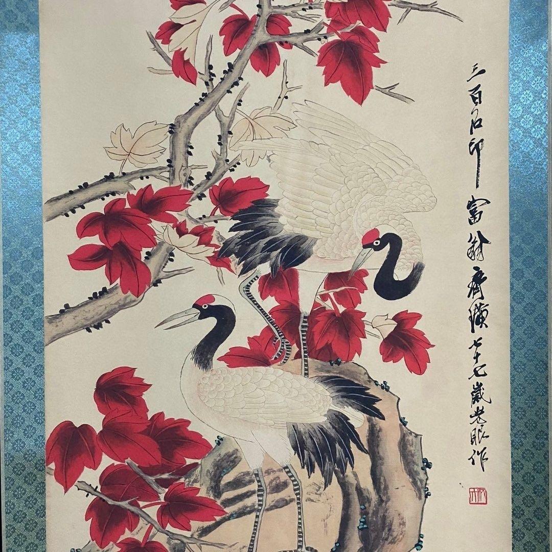 【掛軸】花鳥図「紅葉双鶴」齐白石風 四尺中堂 手工仕立て 180×70cm