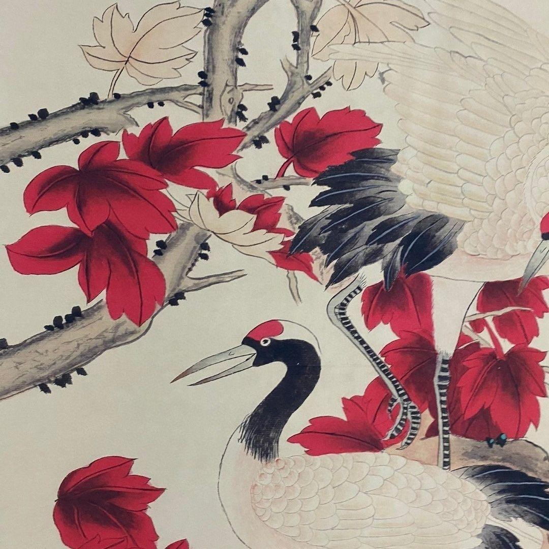 【掛軸】花鳥図「紅葉双鶴」齐白石風 四尺中堂 手工仕立て 180×70cm