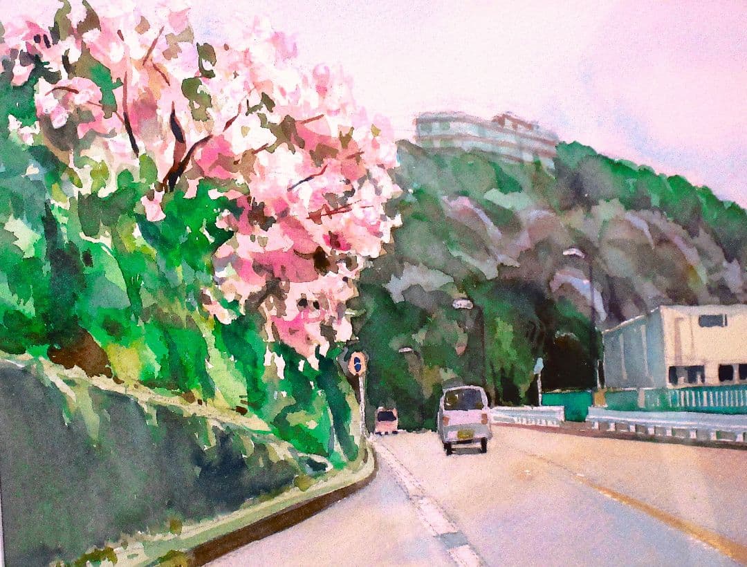 桜の風景 水彩画 原画 F6サイズ 額装付き