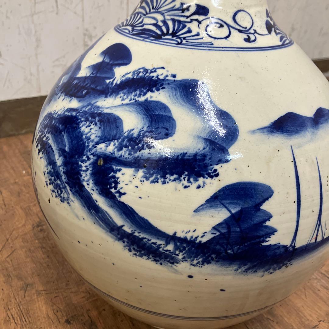 C-5 昭和レトロ 特大 染付 山水画 飾り壺 花瓶 骨董 古美術 インテリア