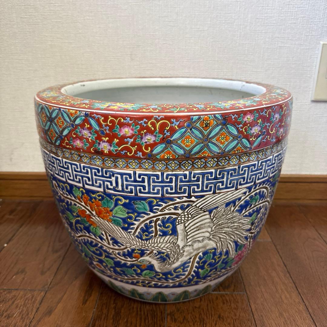 伊万里　十錦手　色絵彩色牡花唐草鳳凰紋　火鉢