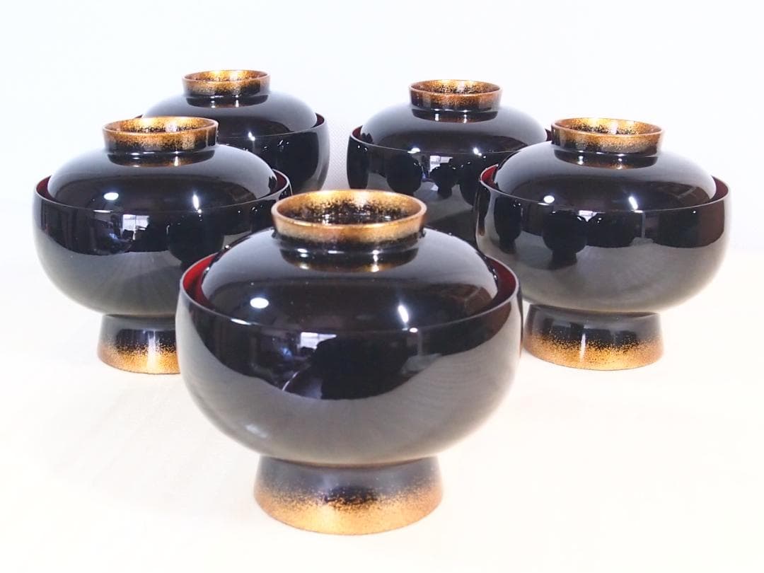 【高級・未使用】輪島塗 大向高洲堂 竹林祐行 縁梨地 煮物椀 5客 雑煮椀/大椀