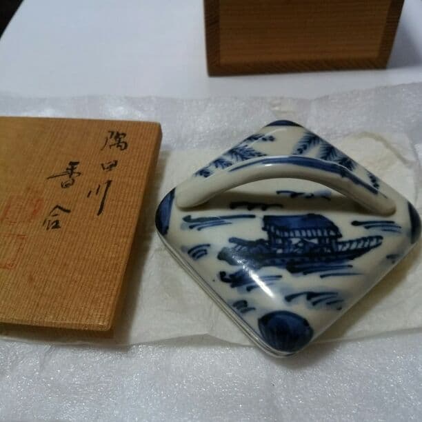 最安値、香合　染付隅田川　髙野昭阿弥作