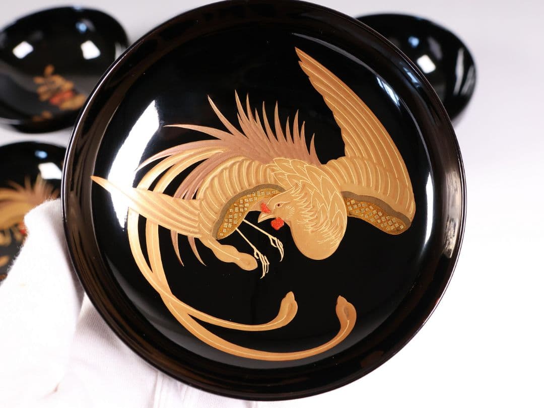 【CM401】天然木漆塗 菊桐鳳凰金蒔絵 黒塗 吸物椀 三客 昭和期 木製漆器