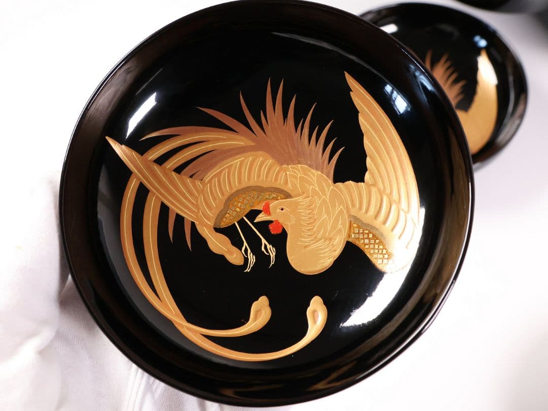 【CM401】天然木漆塗 菊桐鳳凰金蒔絵 黒塗 吸物椀 三客 昭和期 木製漆器