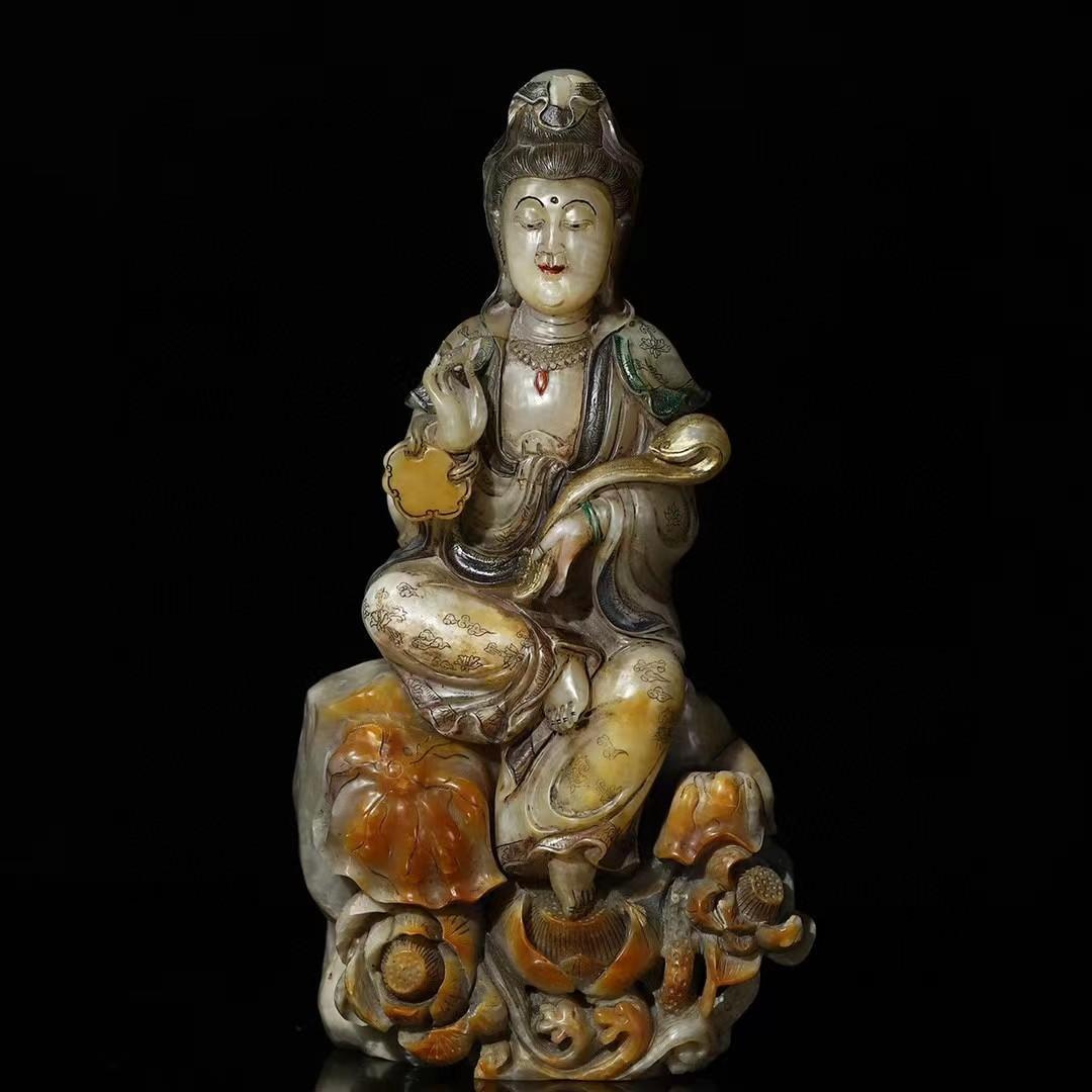 中国古美術・旧蔵寿山石彩絵【観音赐福】・仏像 ・木箱付き・手彫り・文房具・風水