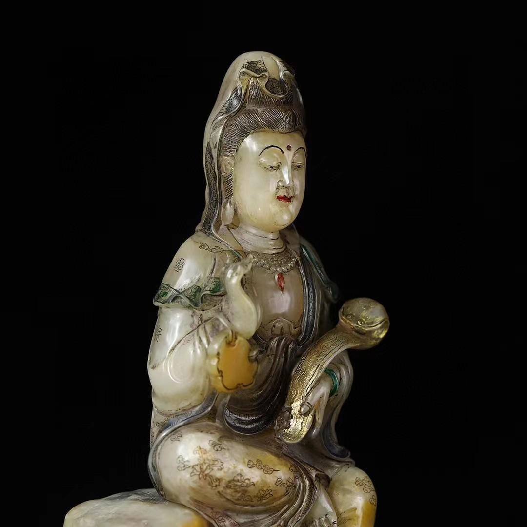 中国古美術・旧蔵寿山石彩絵【観音赐福】・仏像 ・木箱付き・手彫り・文房具・風水