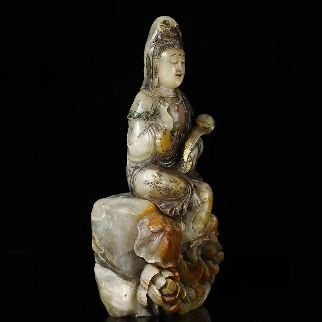 中国古美術・旧蔵寿山石彩絵【観音赐福】・仏像 ・木箱付き・手彫り・文房具・風水