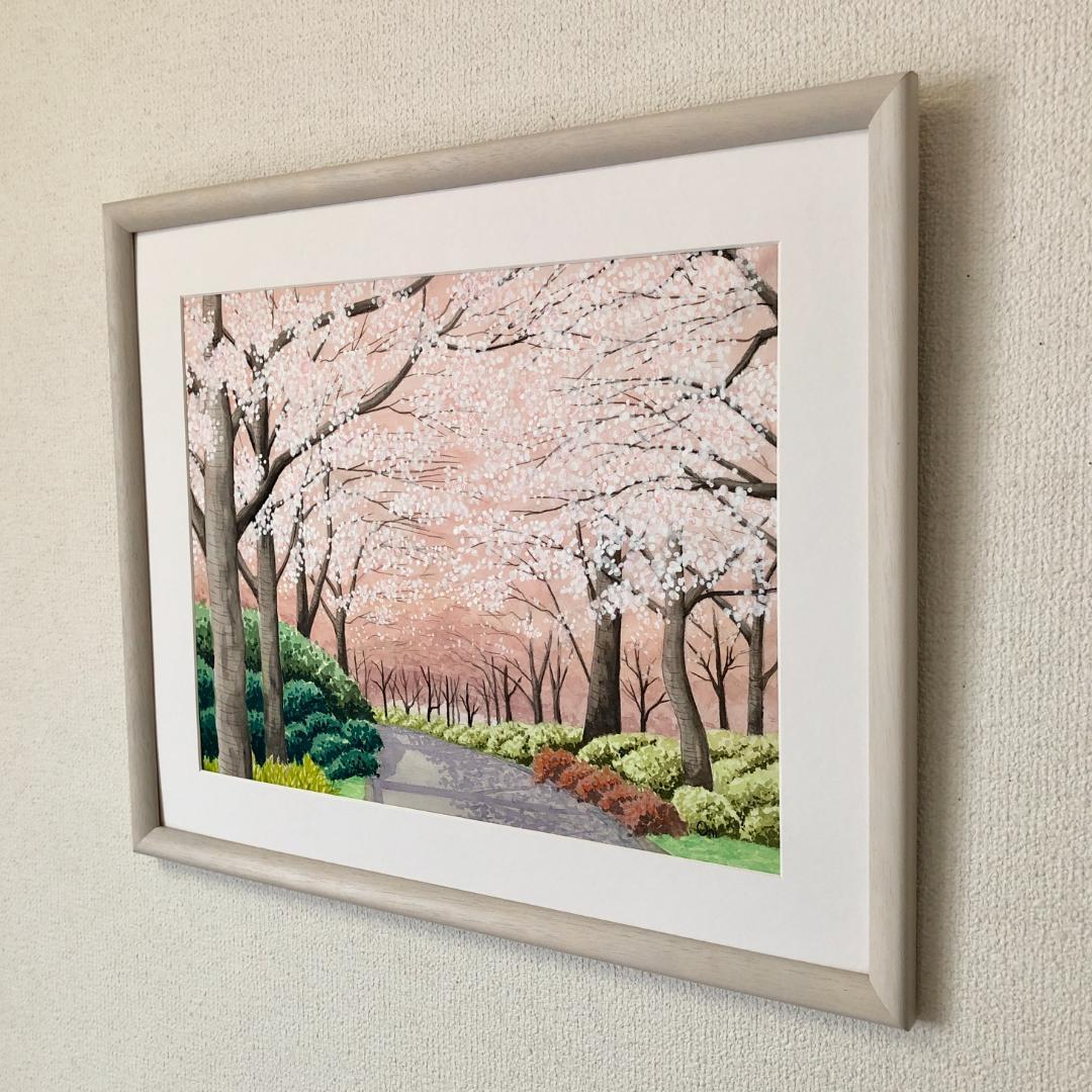 透明水彩画　原画　「桜の小径」額縁付　F6サイズ　風景画