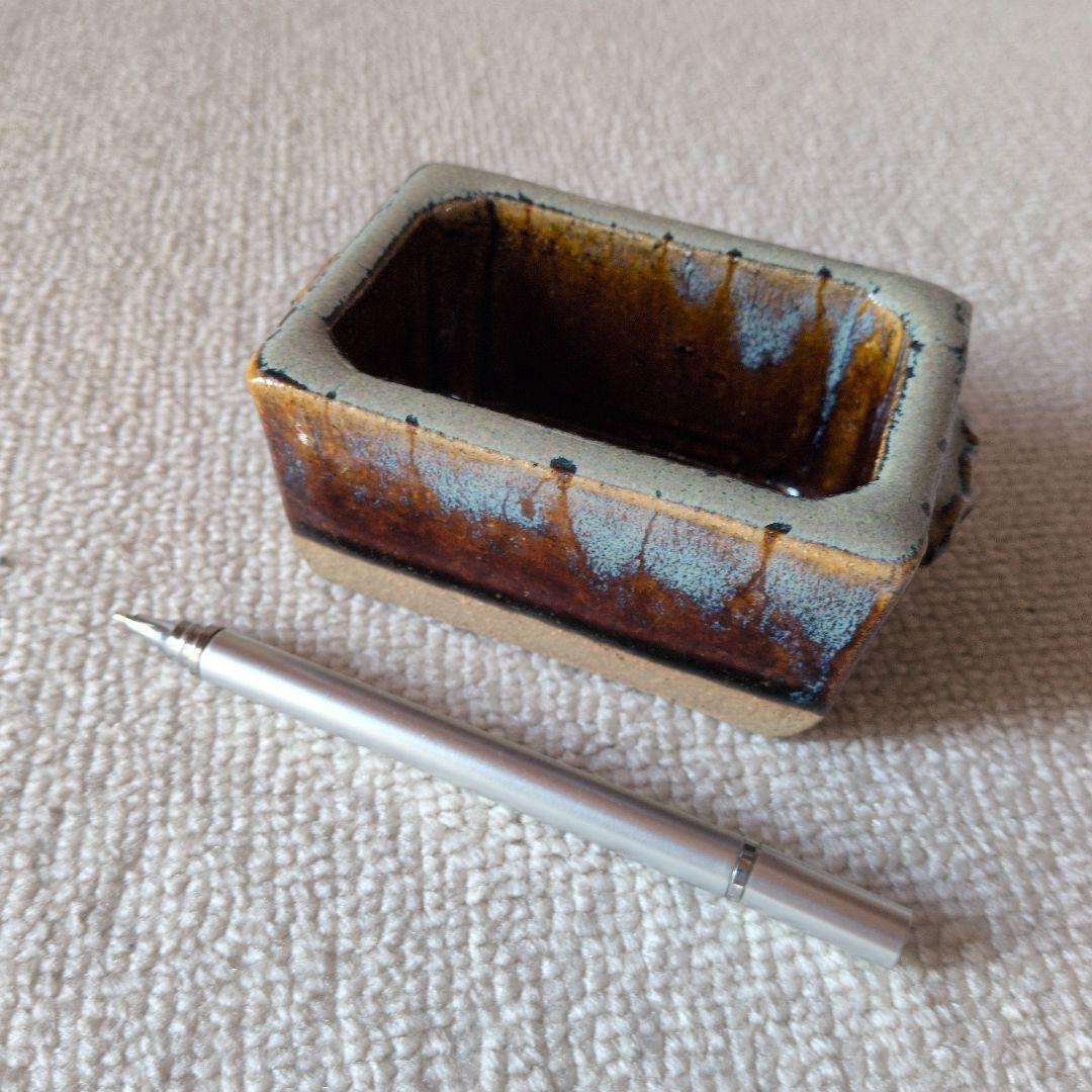 【美品】長方形 陶器 茶色と青のグラデーション　工芸品　陶芸　植木鉢　豆盆栽