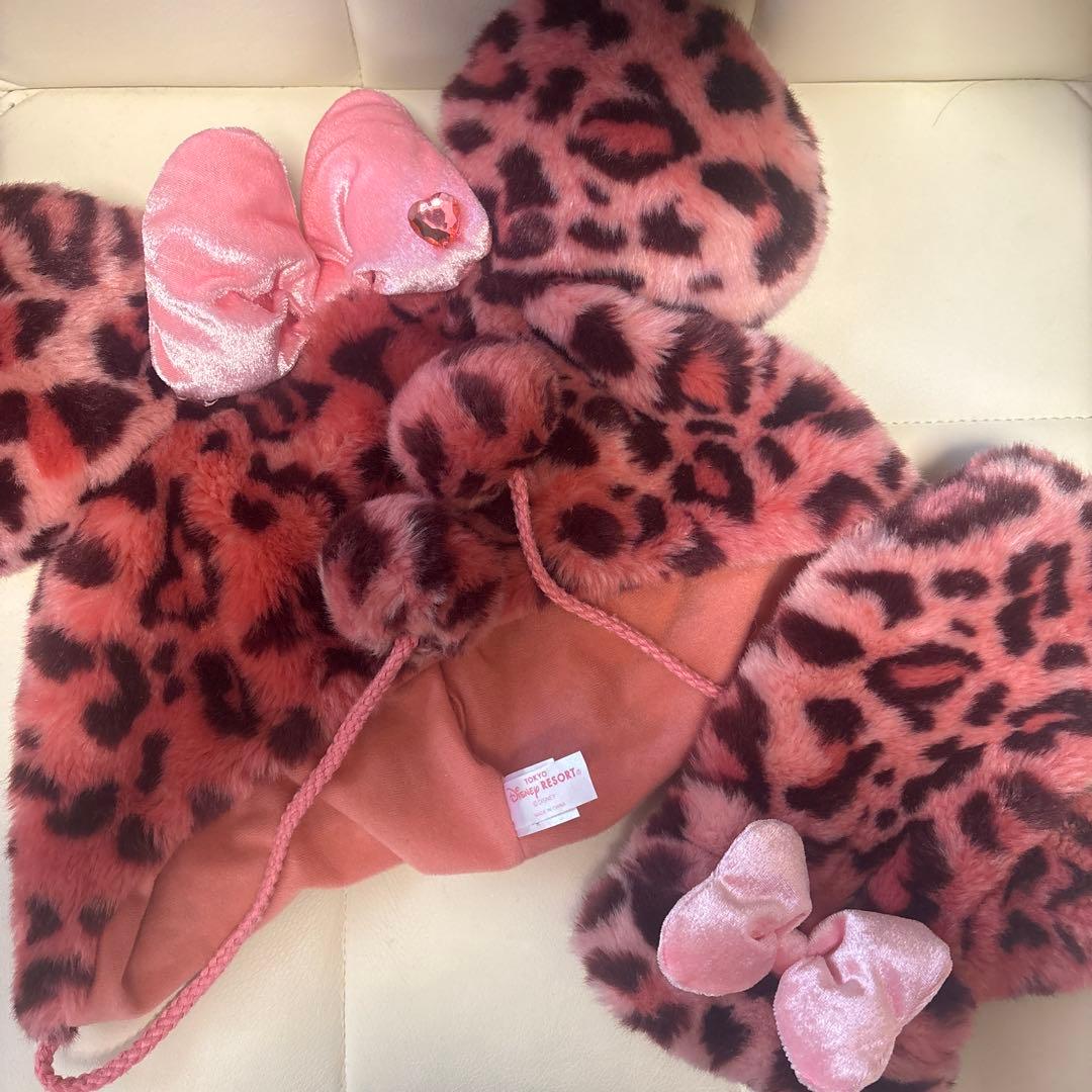 ミニーマウス風ヒョウ柄ファー帽子