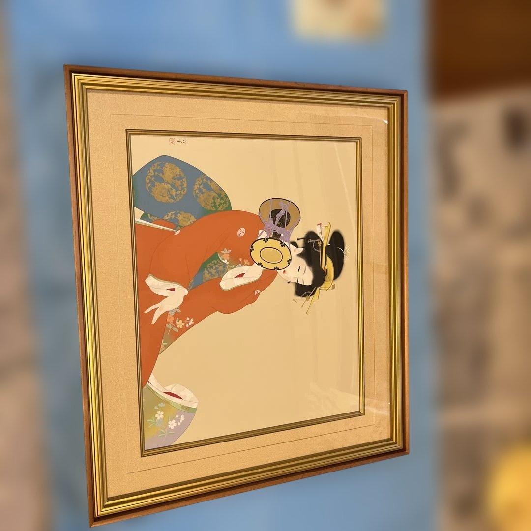 文化勲章受賞　上村松園　鼓の音　シルク版画　美人画