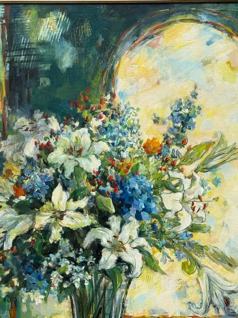 平野能子作　油彩絵　窓辺のボンボニエール　直筆　額装　P50号　送料込み0822